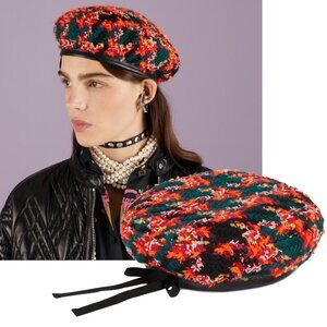 GUCCI BERET CHECK LAME TWEED WOOL BLEND HAT w G LOGO $610 sz S 56cm